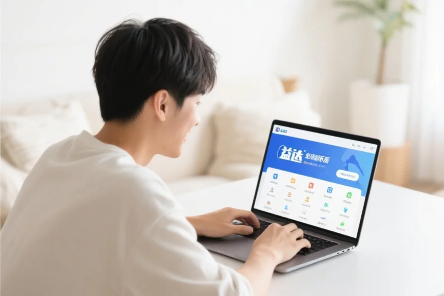 一位年轻用户在明亮舒适的室内环境中愉快地使用笔记本电脑，屏幕上展示恒行3客户端新版界面